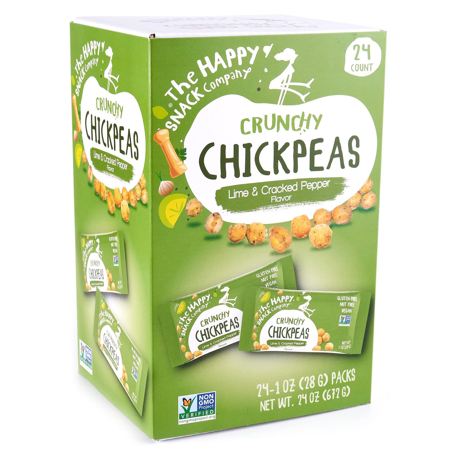 The Happy Snack Company Crunchy Chickpeas Lime Cracked Pepper 24 x 1 oz. 5g Plant Based Protein 120 Cals. Gluten,Nut Dairy Free, Non-GMO and Vegan.