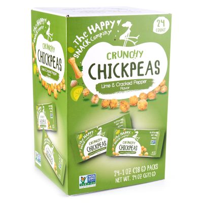 The Happy Snack Company Crunchy Chickpeas Lime Cracked Pepper 24 x 1 oz. 5g Plant Based Protein 120 Cals. Gluten,Nut Dairy Free, Non-GMO and Vegan.