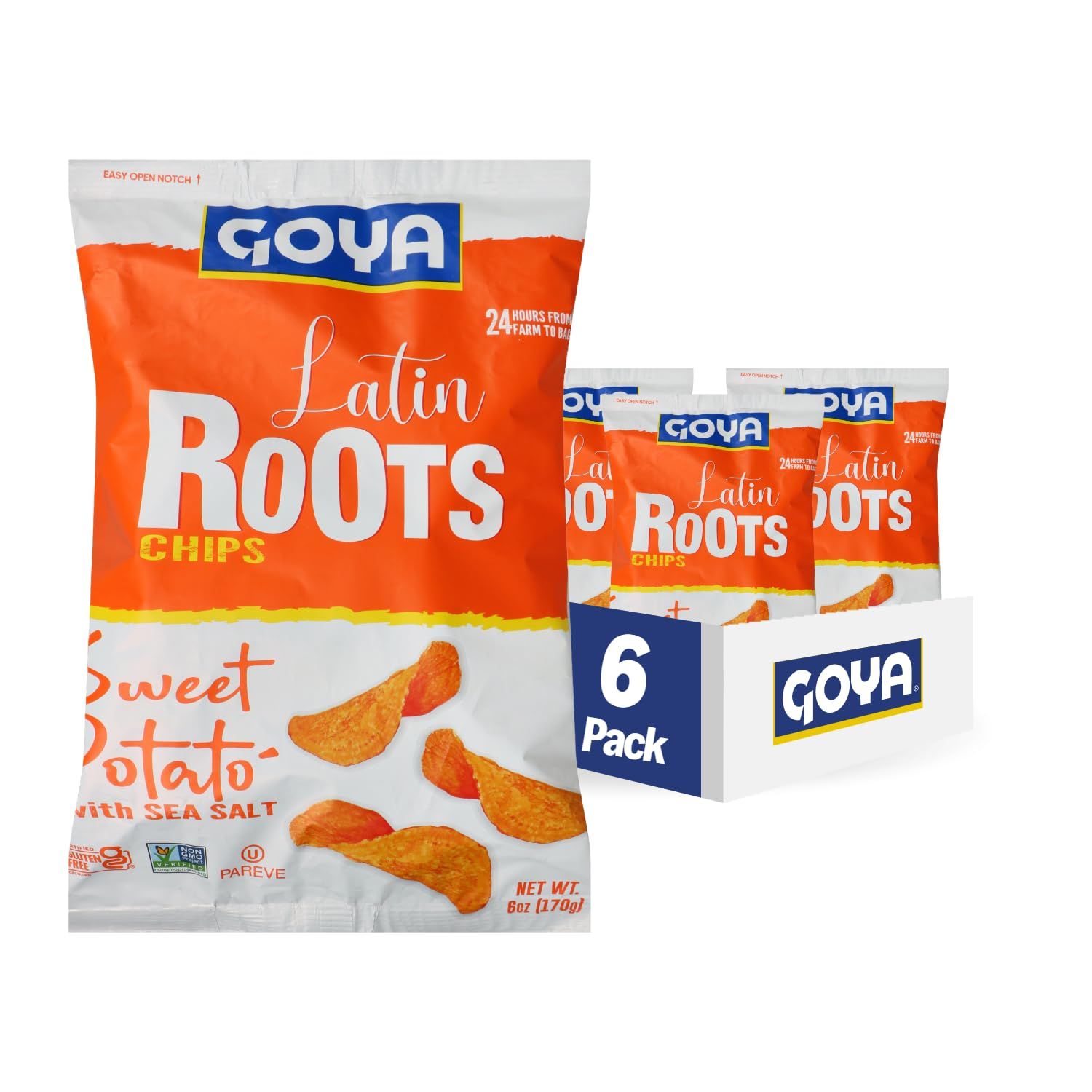 Goya Foods Latin Roots Chips, Sweet Potato with Sea Salt, Kosher, Gluten Free Non-GMO, 6 Ounce (Pack of 6)