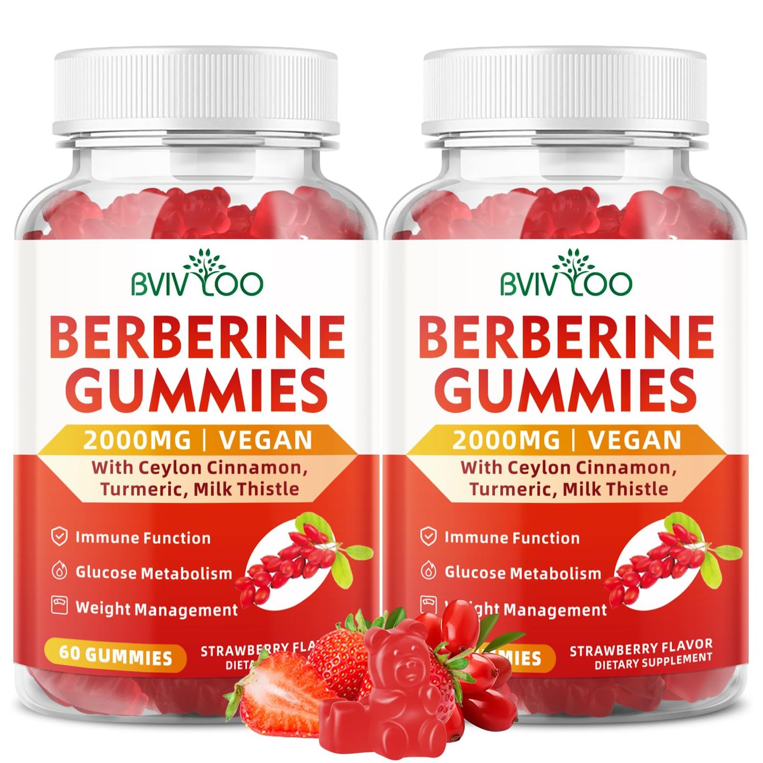 BVIVLOO 2 Packs Berberine Gummies,Sugar Free 2000mg High Potency Berberine HCI Supplement, Plus Ceylon Cinnamon, Milk Thistle for Women Men, Immune System Metabolism Support - 120 Gummies