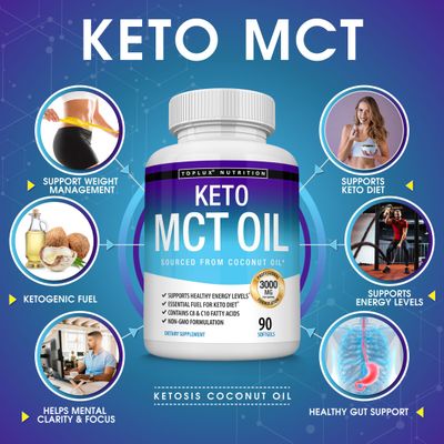 Toplux Keto MCT Oil Capsules - 3000mg Natural Pure Coconut Oil Extract Pills, Source of Energy, Easy to Digest for Men Women, 90 Softgels, Supplement