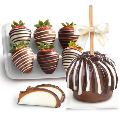 6 Count Milk, Dark White Delight Dipped Strawberries with Giant Caramel Dipped Apple