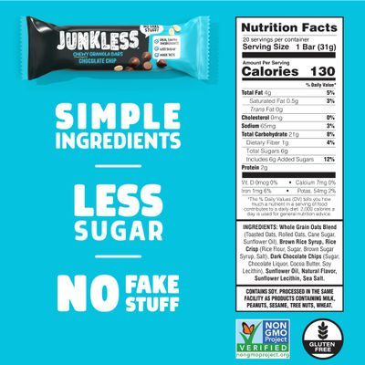 Junkless Chewy Granola Bar 20ct Family Pack - Chocolate Chip - Less Sugar, Great Tasting, Non-GMO, Gluten Free - Bulk Granola Bars - 1.1 oz. Bars