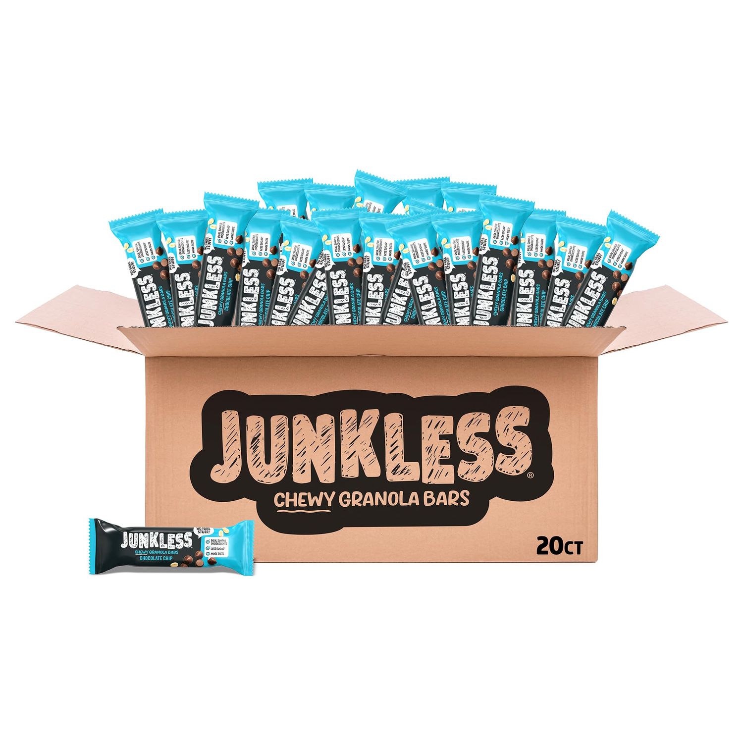 Junkless Chewy Granola Bar 20ct Family Pack - Chocolate Chip - Less Sugar, Great Tasting, Non-GMO, Gluten Free - Bulk Granola Bars - 1.1 oz. Bars
