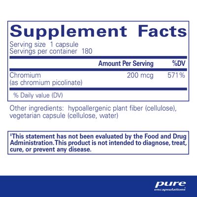 Pure Encapsulations Chromium (Picolinate) 200 mcg Hypoallergenic Supplement for Healthy Lipid and Carbohydrate Metabolism Support 180 Capsules