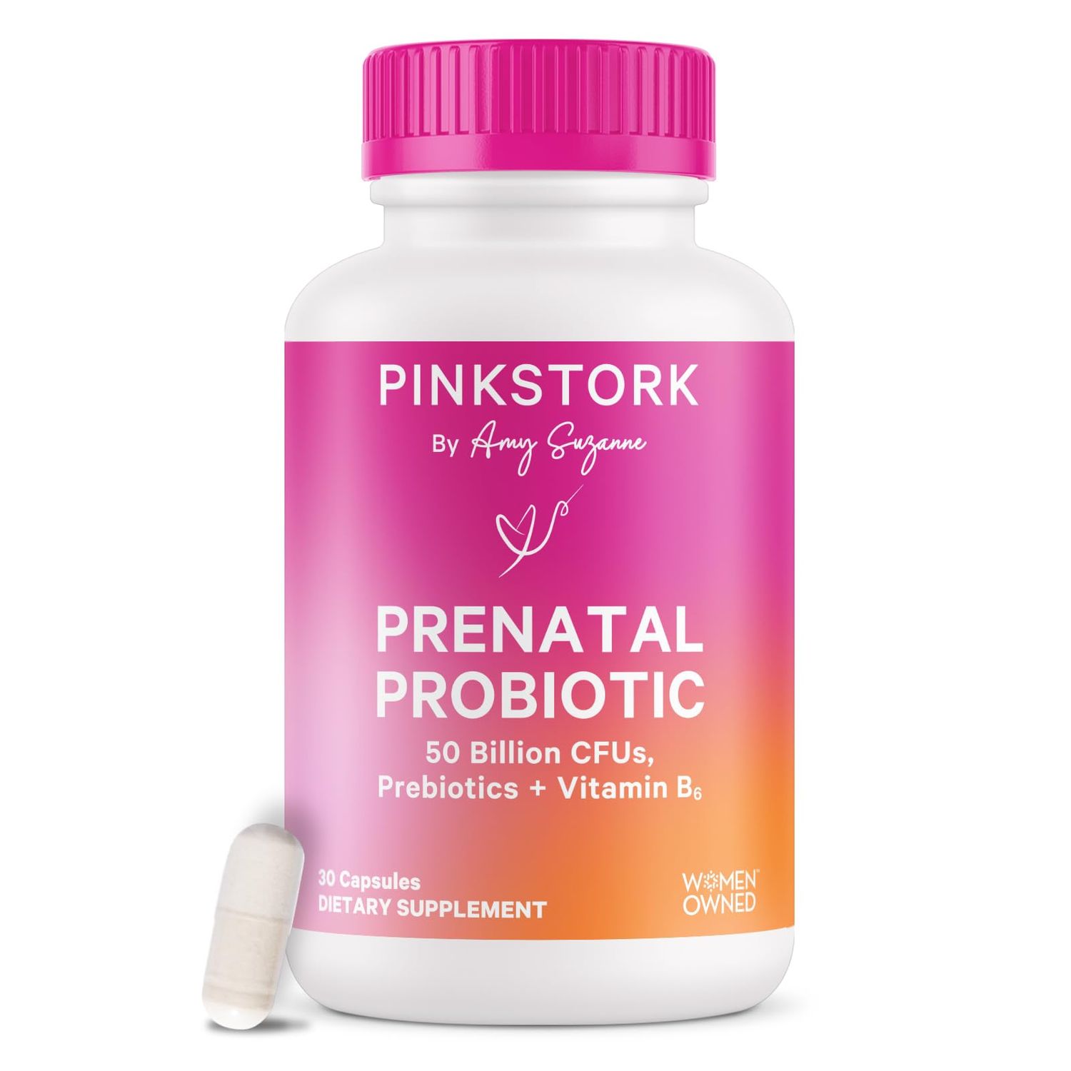 Pink Stork Prenatal Probiotics for Women with Vitamin B6 and Prebiotics - Morning Sickness, Gut Microbiome, and Immune Support - Pregnancy Probiotic - Pregnancy Must Haves, 30 Capsules