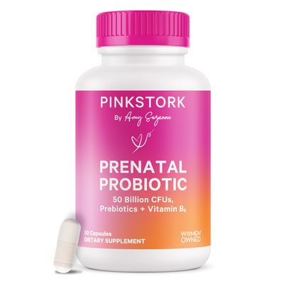 Pink Stork Prenatal Probiotics for Women with Vitamin B6 and Prebiotics - Morning Sickness, Gut Microbiome, and Immune Support - Pregnancy Probiotic - Pregnancy Must Haves, 30 Capsules