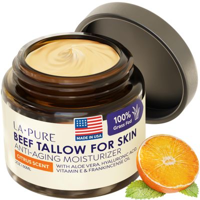 LA PURE Beef Tallow for Skin, Grass-Fed Tallow Face Cream with Hyaluronic Acid, Aloe Vera Frankincense, Non-Greasy Anti-Aging Moisturizer, Citrus Scent, 2 oz