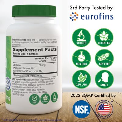 Health Thru Nutrition Ubiquinol 50mg 90 Softgels as Kaneka QH Reduced CoQ-10 Stabilized - 3rd Party Tested Enhanced Bioavailability Cardiovascular Mitochondria Function Support Non-GMO