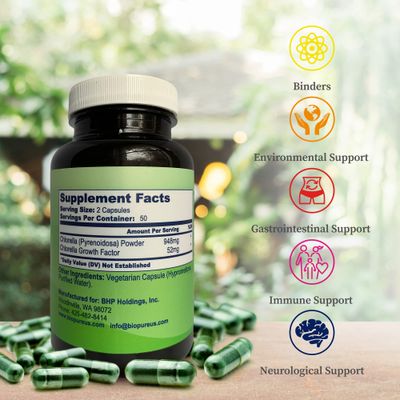 BioPure Chlorella Growth Factor Capsules - Nutrient-Dense, Nutraceutical Superfood Packed with Proteins, Vitamins, Minerals Amino Acids That Supports Metabolism, Detox Immunity - 100 Capsules