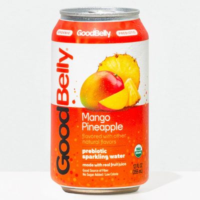 GoodBelly Organic Mango Pineapple Prebiotic Flavored Sparkling Water Refreshing Sparkling Water with Real Fruit Juice No Added Sugar, Low Calorie 12oz Cans - Pack of 4