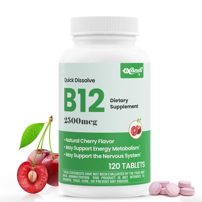 A CANDI Vitamin B12 Sublingual 2500 mcg - Quick Dissolve Cherry Flavor for Cellular Energy Support, Energy Metabolism, Nervous System Health Heart, 120 Tablets 4-Month Supply