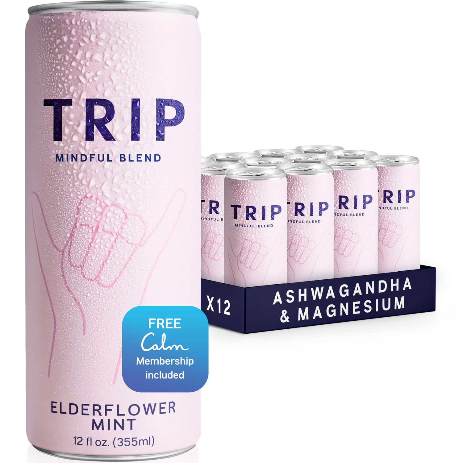 Trip Mindful Blend, Lightly Sparkling Adaptogen Seltzer, Mocktail w 120mg Magnesium Citrate with Ashwagandha, Lions Mane L Theanine, No Added Sugar, Vegan, Elderflower Mint, 12 Oz, 12Pk