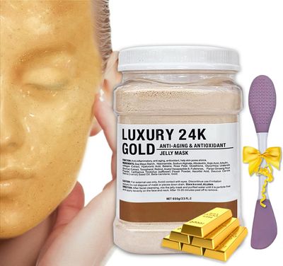 Ouhans Jelly Mask Powder for Facials,24k Gold Jelly Masks for Facials Professional,Peel off Rubber Mask,Anti Aging,Moisturizing,Hydrating,Jelly Face Mask,with Double-ended Silicone Brush,23 Fl Oz