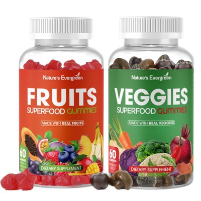 Fruits and Veggies Superfood Gummies Supplement - Fruits and Vegetables Gummy - Nature Vitamins Nutritional Balance, Vegan, Non-GMO, Gluten-Free - (Total 120 Gummies - Pack of 2) Made in USA