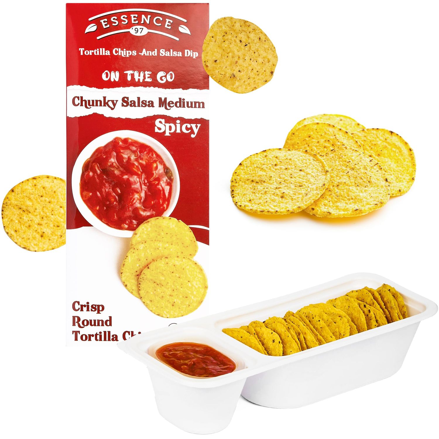 Essence 97 Tortilla Chips Variety Pack with Salsa Dip - Non-GMO, Gluten Free and Crispy Chunky Salsa Mild Flavor - Nacho Tortilla Chips Perfect for Snacking, Lunch and On-the-Go - 6 Pack
