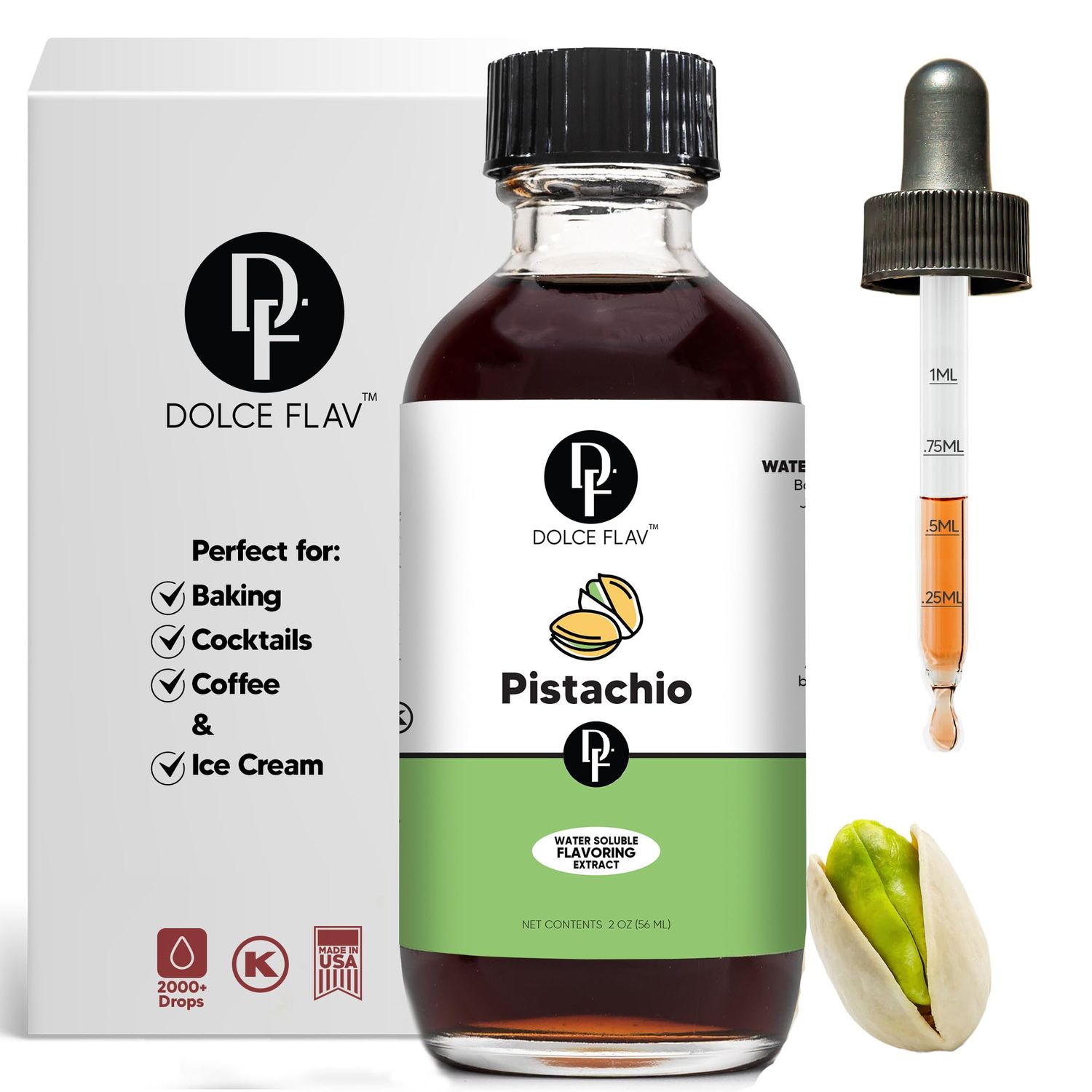 Dolce Flav Pistachio Extract 2 oz - Kosher, Sugar-Free, Concentrated Nutty Pistachio Flavor for Baking, Ice Cream Pastries, Includes Measured Dropper