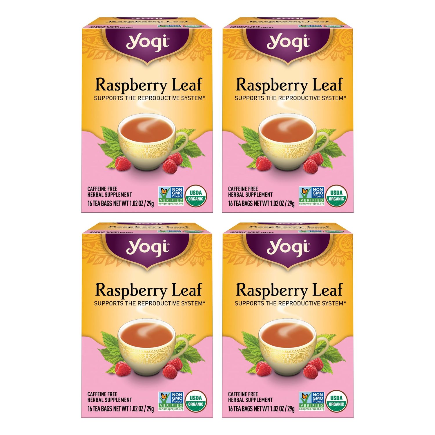 Yogi Raspberry Leaf Tea - Organic Raspberry Leaf Tea Supports Reproductive Health - Organic Tea Bags - Caffeine Free - 16 Tea Bags Per Pack (4 Packs)