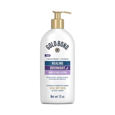 Gold Bond Healing Overnight Body Face Lotion for Dry Skin, Nongreasy Moisturizer with Hyaluronic Acid, Aloe Melatonin Works While You Sleep, 13 oz.