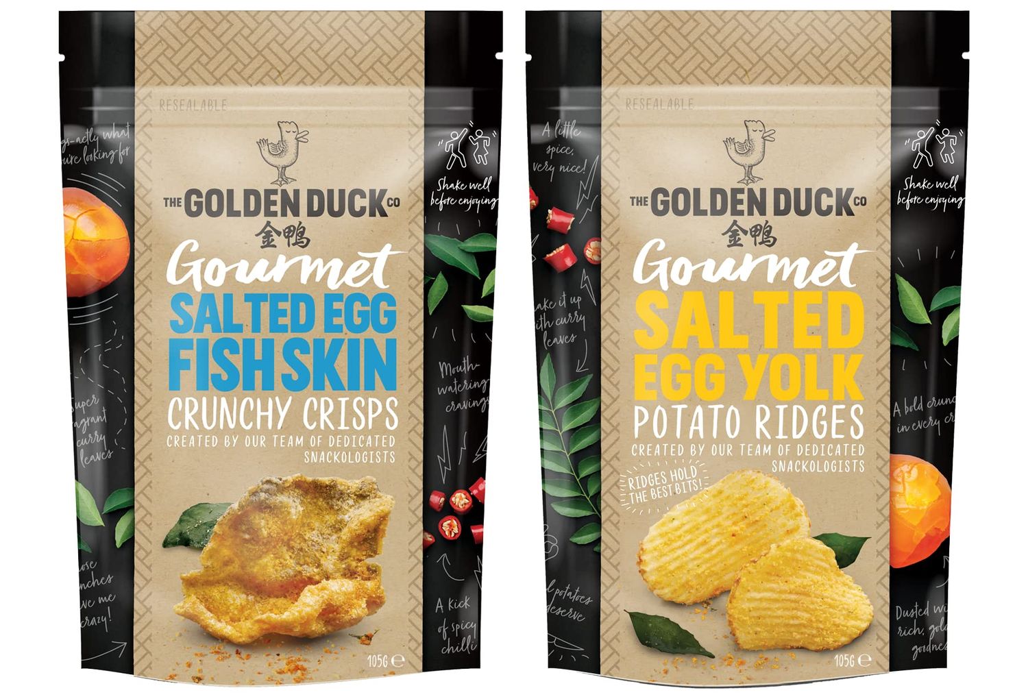 The Golden Duck Gourmet Salted Egg Yolk Fish Skin and Potato Crisps, 2 Packs (1 of each)