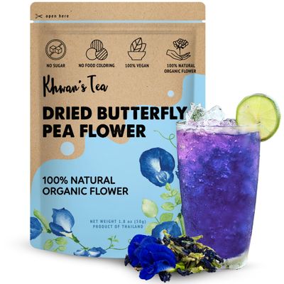 KHWAN&#39;S TEA - Organic Butterfly Pea Flower Tea, Blue Tea, Natural Food Coloring, Caffeine Free Tea, Vegan Plant Based, Rich in Antioxidant, Sourced from Thailand, 1.8oz