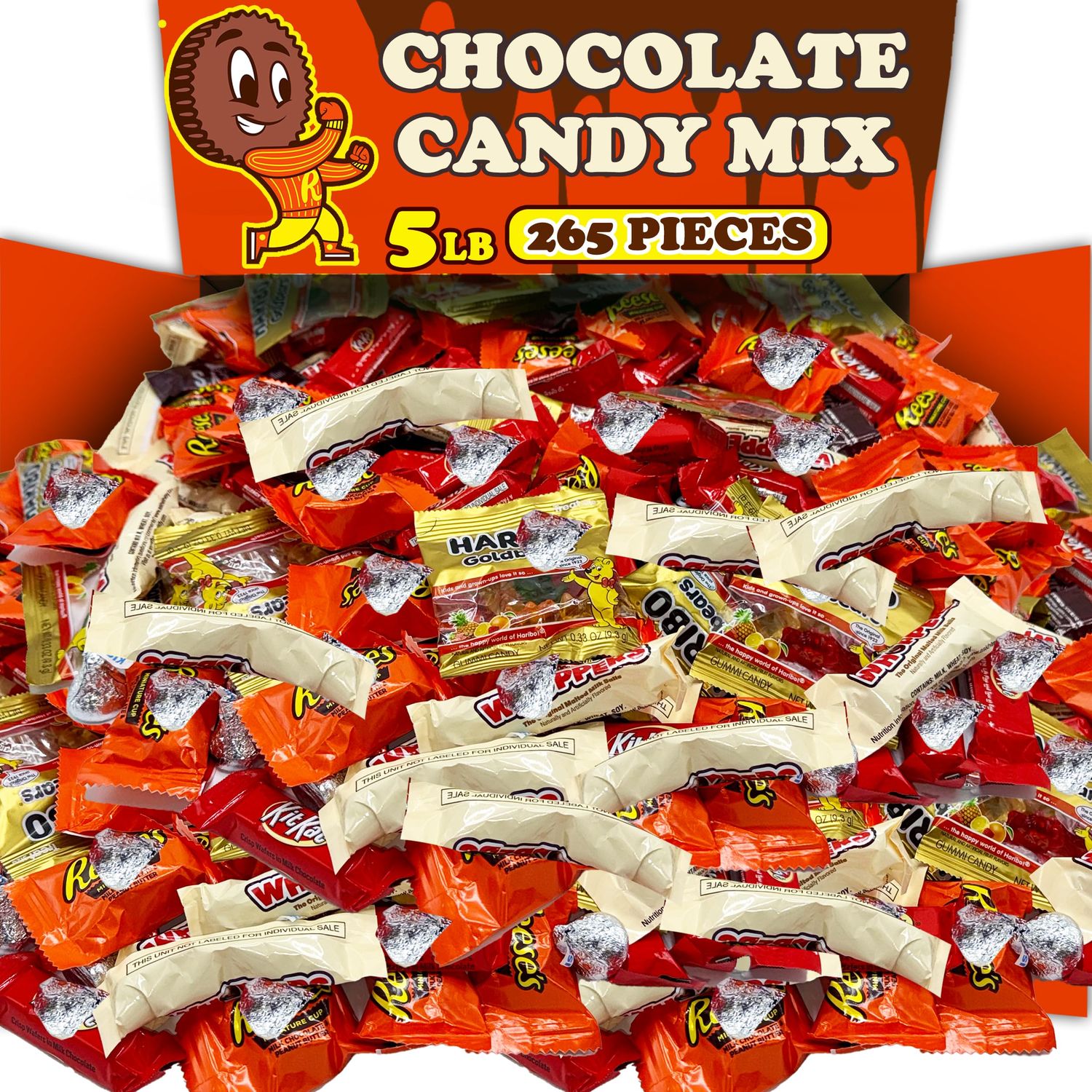 Bulk Chocolate and Candy Variety Pack, 5 Lb Assortment of Individually Wrapped Chocolate Bars, Peanut Butter Cups, Whoopers, Harribo, Kisses and More, Office and Party Candy Bag Appx 265 Pcs