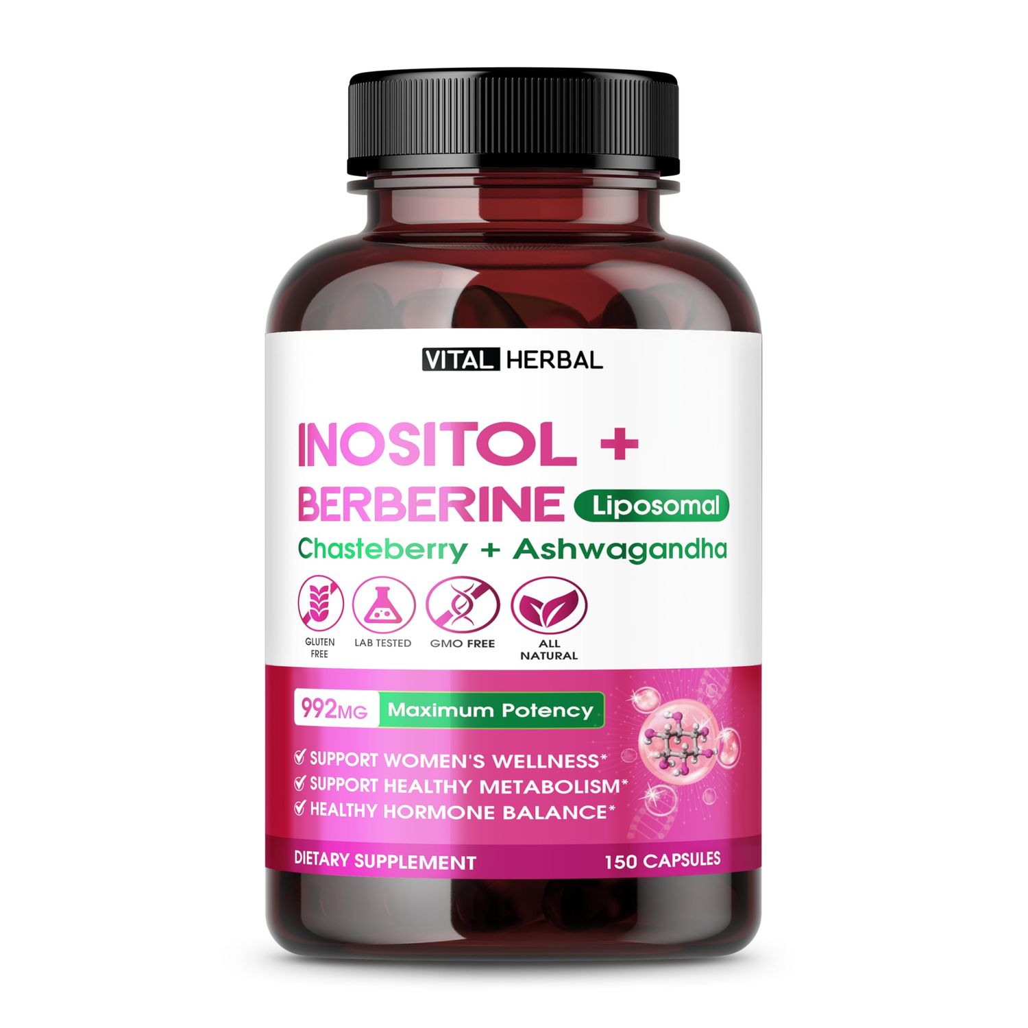VITAL HERBAL Liposomal Inositol with Berberine, Chasteberry Ashwagandha - Supports Women s Wellness, Hormone Balance Metabolism - 150 Capsules - Made in The USA