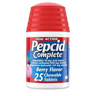 Pepcid Complete Acid Reducer Antacid Chewables, 10mg Famotidine, 800mg Calcium Carbonate 165mg Magnesium Hydroxide per Heartburn Medicine Tablet, Antacid Chews, Berry, 25 ct