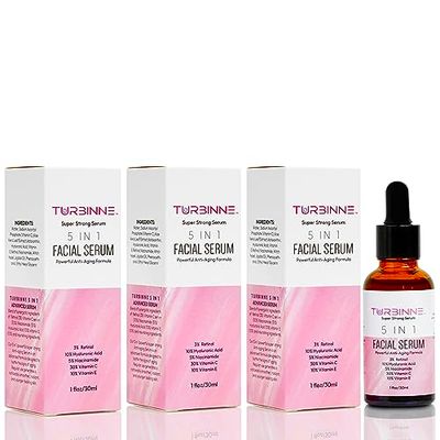Turbinne 5 In 1 Overnight Facial Serum. 5 Powerful Serums. Retinol, Hyaluronic Acid, Niacinamide, Vitamin C E. Powerful Anti-Aging, Reduce Wrinkles, Acne Scars, Dark Spots (Pack Of 3)