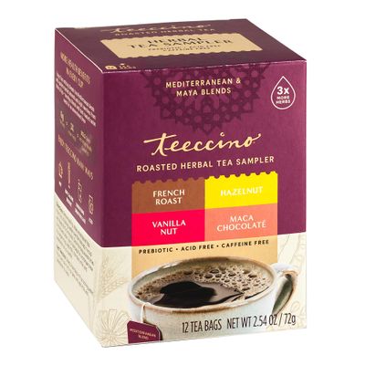 Teeccino Herbal Tea Sampler Assortment - 12 Tea Bags - Maca Chocolat , French Roast, Hazelnut, Vanilla Nut - Roasted Caffeine Free Herbal Tea, Prebiotic for Natural Energy