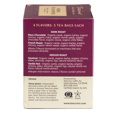 Teeccino Herbal Tea Sampler Assortment - 12 Tea Bags - Maca Chocolat , French Roast, Hazelnut, Vanilla Nut - Roasted Caffeine Free Herbal Tea, Prebiotic for Natural Energy