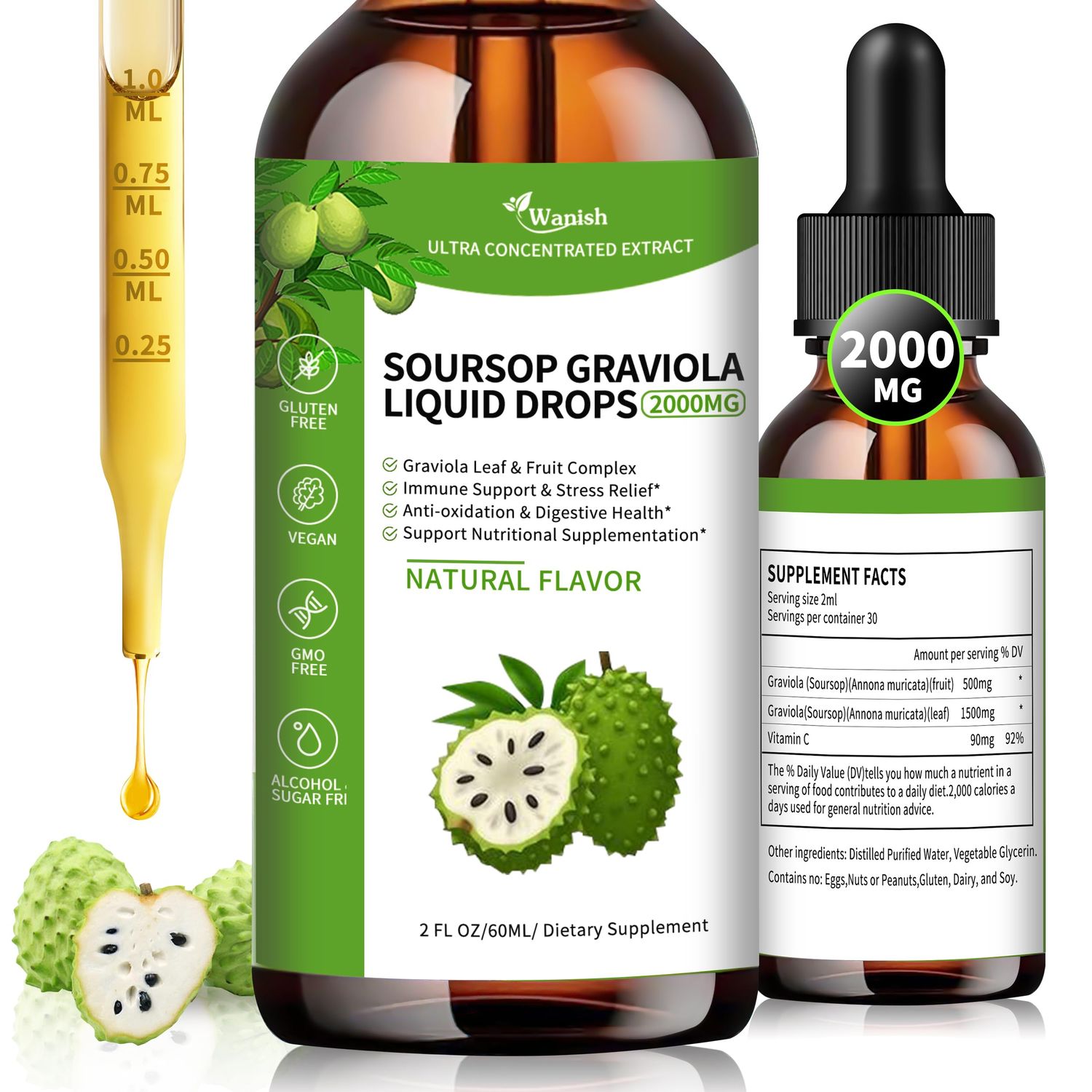 Wanish Soursop Graviola Leaves Extract Liquid Drop Sour SOP Bitters Liquid for Cell Support Regeneration, Immune Boost, Liver and Sleep, Herbal Goodness, SugarGluten Free, Natural Flavor, 2 Fl Oz