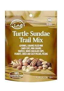 Nice! Turtle Ice Cream Sundae Trail Mix: Almond Nuts, Caramel Mini Candy Cups and Truffles, White Chocolate Chips, Peanuts, Pecans, 6oz Snack Snacking Treat