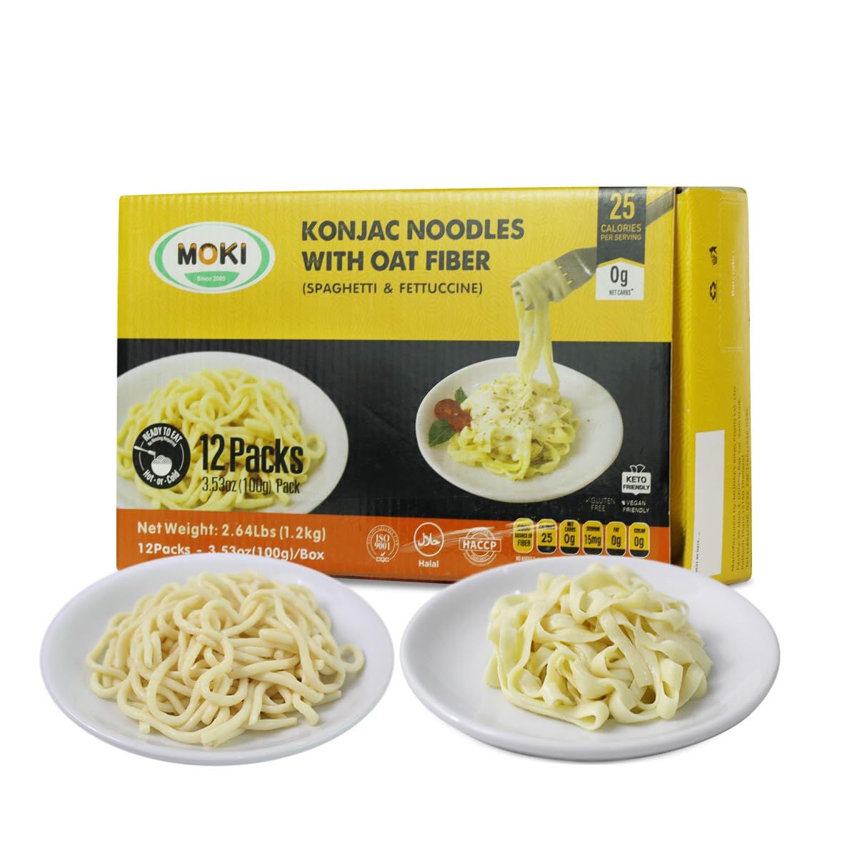 MOKI Oat Fiber Spaghetti Fettuccine, Gluten-Free, Low Carb, Keto-Friendly, Paleo-Friendly, Vegan, Zero Calorie Spaghtti 3.53 oz Each (12 Packs,Six bags each)