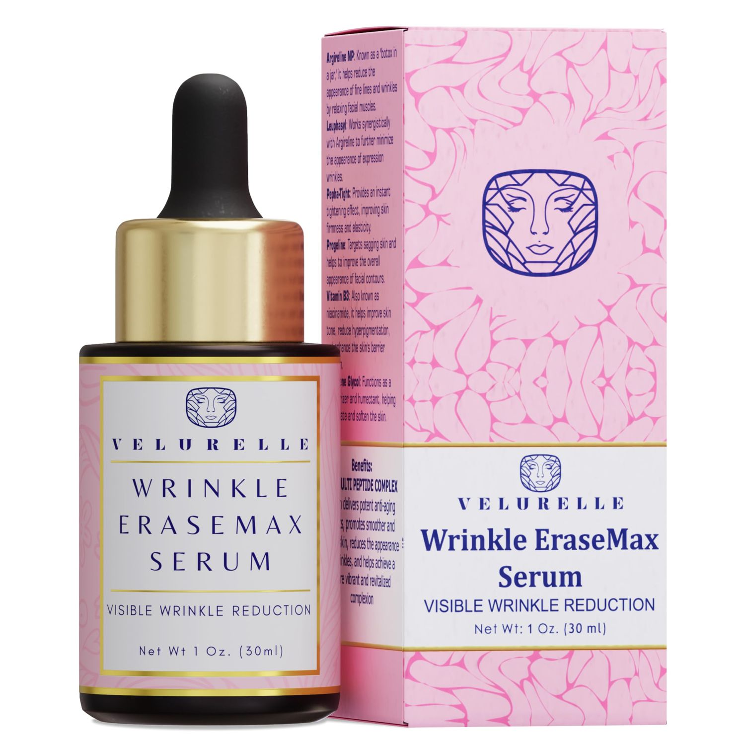 Wrinkle EraseMax Serum, Anti Aging, with Argireline NP, Pepha-Tight, Progeline, Leuphasyl, Vitamin B3, targets Mimic Wrinkles Expression Lines