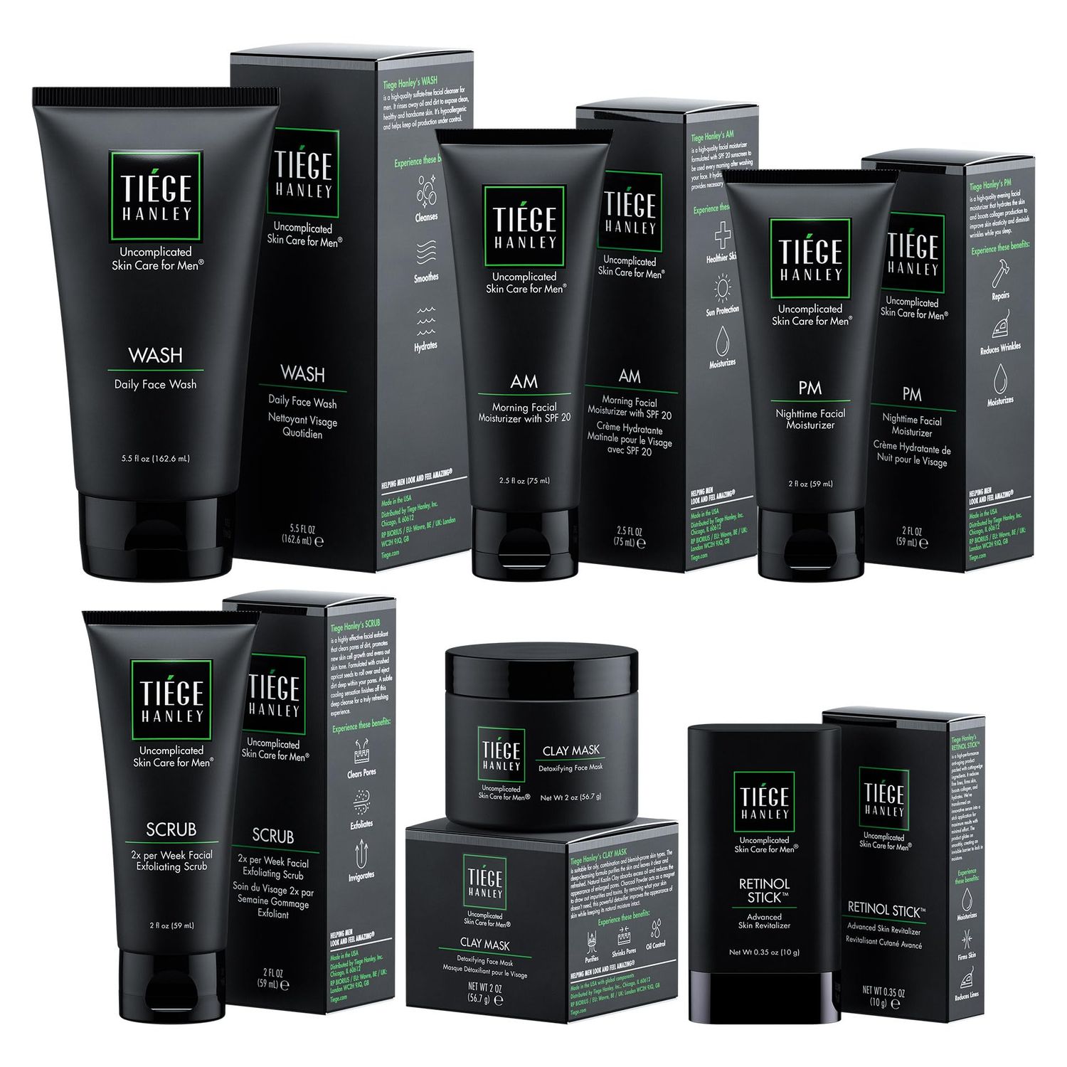 Tiege Hanley 90-Day Large Anti-Aging Skin Care Routine for Men - Includes Face Wash, Scrub, Moisturizers, Clay Mask, Retinol Stick