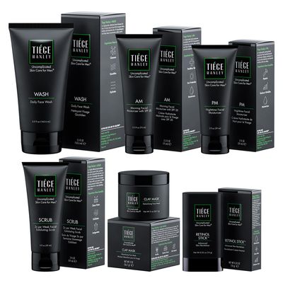 Tiege Hanley 90-Day Large Anti-Aging Skin Care Routine for Men - Includes Face Wash, Scrub, Moisturizers, Clay Mask, Retinol Stick