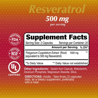 Resveratrol 1000mg by Alfa Vitamins - Powerful Antioxidant, Helps prevent cell damage - Supports Brain Function, Cardiovascular Health, Metabolism, anti-aging effects - 60 Capsules