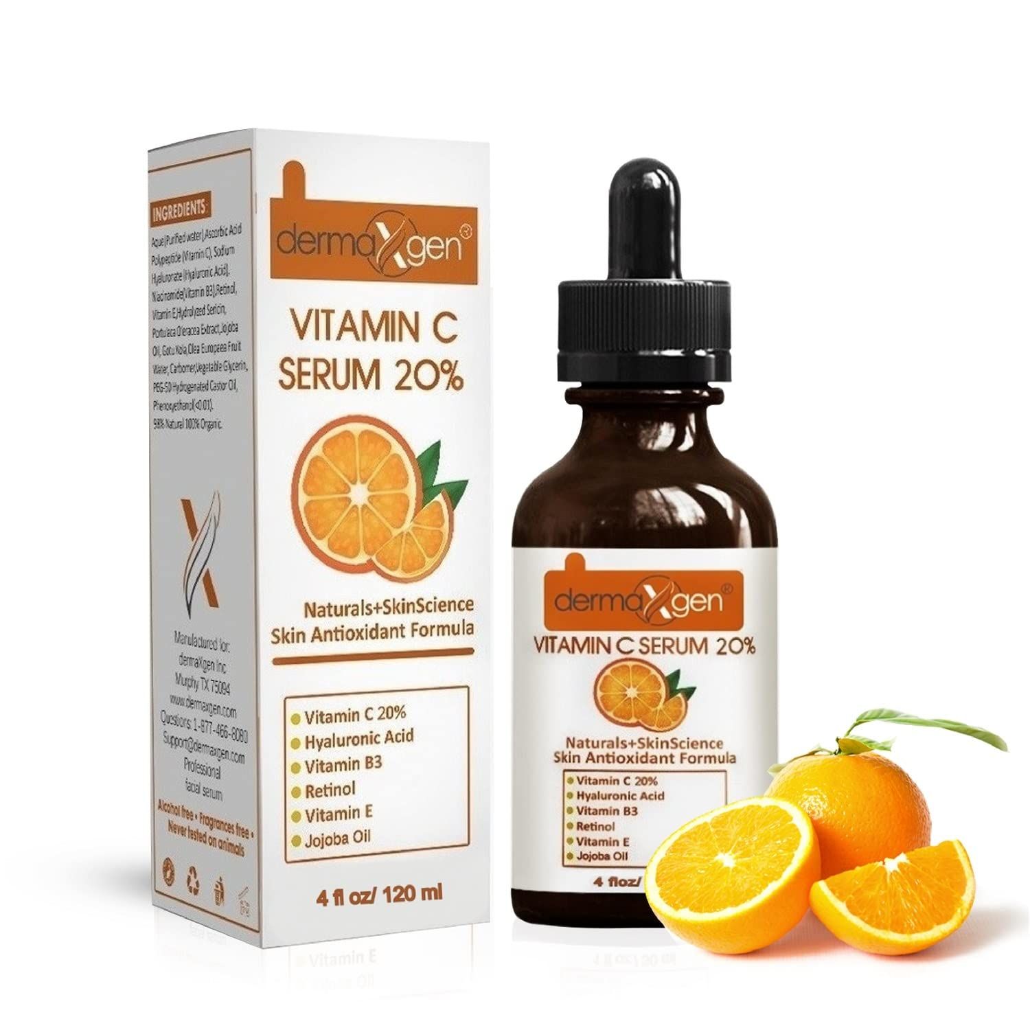 Dermaxgen 20 Vitamin C Serum Hyaluronic Acid Retinol Vitamin E Vitamin B PURE ORGANIC- Boost Skin Collagen, Moisturizer, Anti Aging Wrinkle Facial Serum