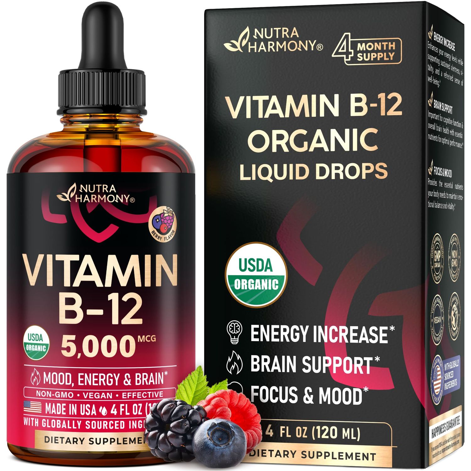 USDA Organic Vitamin B12 Sublingual Drops - 5000 mcg Liquid Vegan Methylcobalamin for Women Men - Energy Boost, Focus Mood, Brain Health Support - Maximize Absorption - 4 Month Supply, 4 fl oz