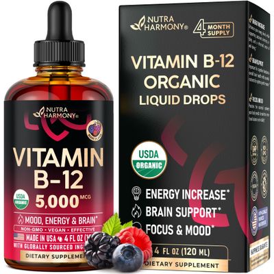 USDA Organic Vitamin B12 Sublingual Drops - 5000 mcg Liquid Vegan Methylcobalamin for Women Men - Energy Boost, Focus Mood, Brain Health Support - Maximize Absorption - 4 Month Supply, 4 fl oz