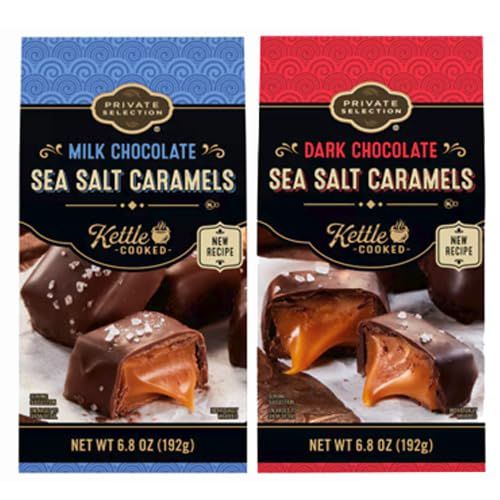 1 Milk 1 Dark Chocolate Sea Salt Caramels Kettle Cooked, Smooth Chewy Creamy Buttery Center, Gift Snack Treat for Family Friends, Private Selection 6.8 oz Box