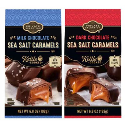 1 Milk 1 Dark Chocolate Sea Salt Caramels Kettle Cooked, Smooth Chewy Creamy Buttery Center, Gift Snack Treat for Family Friends, Private Selection 6.8 oz Box