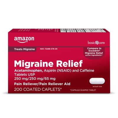 Amazon Basic Care Migraine Relief Acetaminophen, Aspirin (NSAID) and Caffeine Tablets, Pain RelieverPain Reliever Aid, 250mg, 200 Count (Packaging may vary)