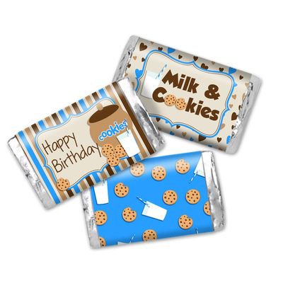 Milk and Cookies Boy Birthday Mini Chocolate Candy Bar Sticker Wrappers for Kids, 45 1.4&quot; x 2.6&quot; Wrap Around Labels by AmandaCreation, Great for Party Favors