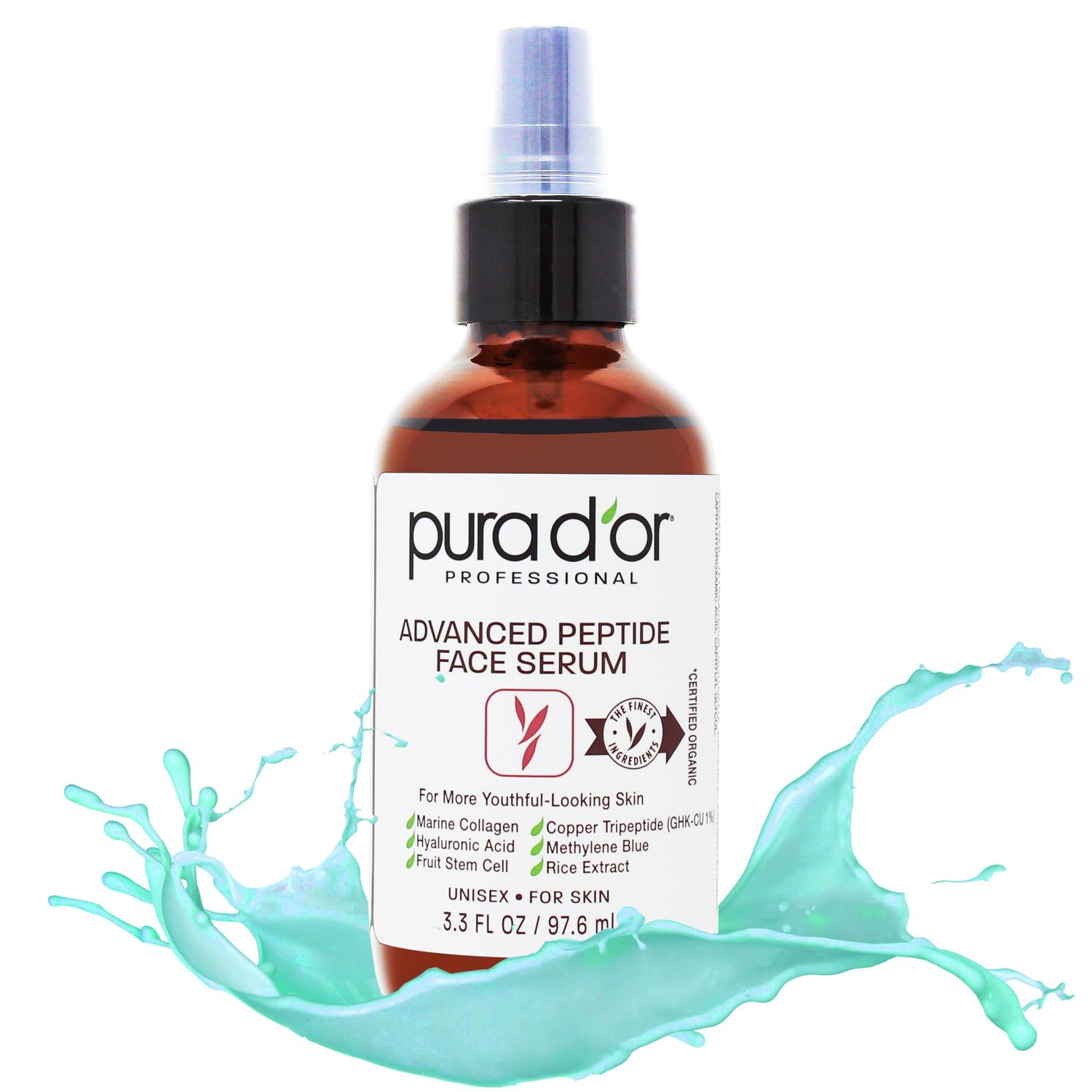 PURA D&#39;OR 3.3 Oz Advanced Peptide Anti-Aging Face Serum w 1 Copper Tripeptide, Methylene Blue, Marine Collagen, Hyaluronic Acid, Fruit Stem Cell Kelp For Hydration, Firming Youthful-Looking Skin