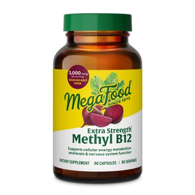 MegaFood Extra Strength Methyl B12 Vitamins, Bioavailable Vitamin B12 3000mcg Per Serving, Supports Energy Metabolism Nervous System Health, Beet Root, Vegan, Gluten Free, 90 Capsules, 90 Servings