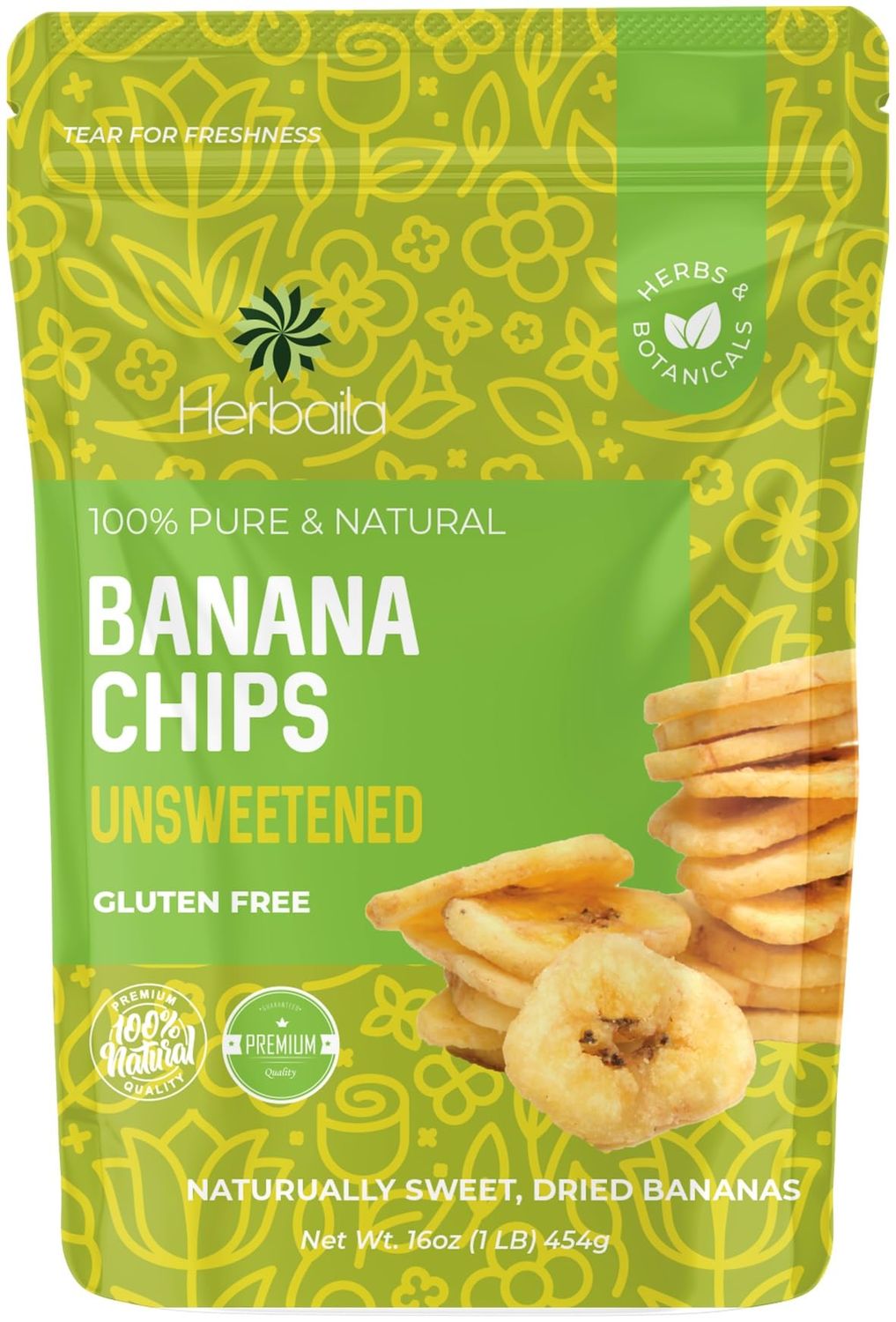 Herbaila Dried Banana Chips Unsweetened Bulk, 1 lb. Dried Bananas, Unsweetened Banana Chips, Dehydrated Bananas, Unsweetened Dried Banana slices, Banana Crisps. All Natural, Non-GMO, 16 oz.