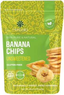 Herbaila Dried Banana Chips Unsweetened Bulk, 1 lb. Dried Bananas, Unsweetened Banana Chips, Dehydrated Bananas, Unsweetened Dried Banana slices, Banana Crisps. All Natural, Non-GMO, 16 oz.