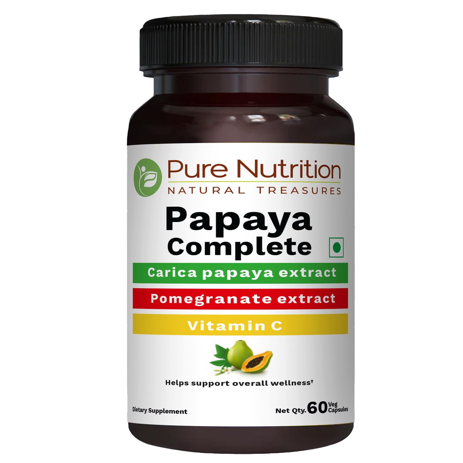 Pure Nutrition Papaya Complete - 60 Veg Capsules (Supports Platelet Immunity Digestion) Each Capsule Contains 500mg Carica Papaya Fruit and Leaf Extract. Non-GMO Gluten-Free